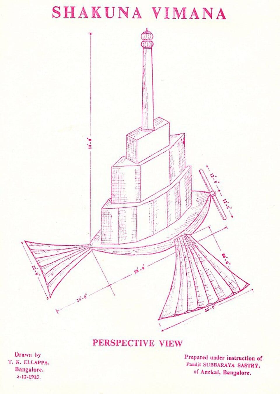 Illustration of the Shakuna Vahana from 'Vaimanika Shastra' | TK Ellappa | Drawn in Bangalore in 1923 | Wikimedia Commons
