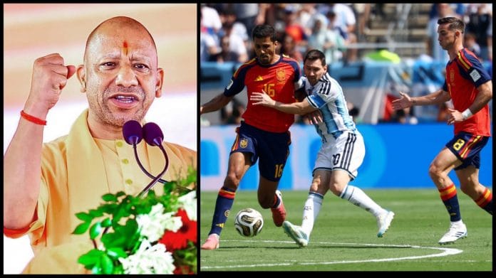 Uttar Pradesh CM Yogi Adityanath (left) & Spain players in action with Argentina’s Lionel Messi | ANI & Reuters