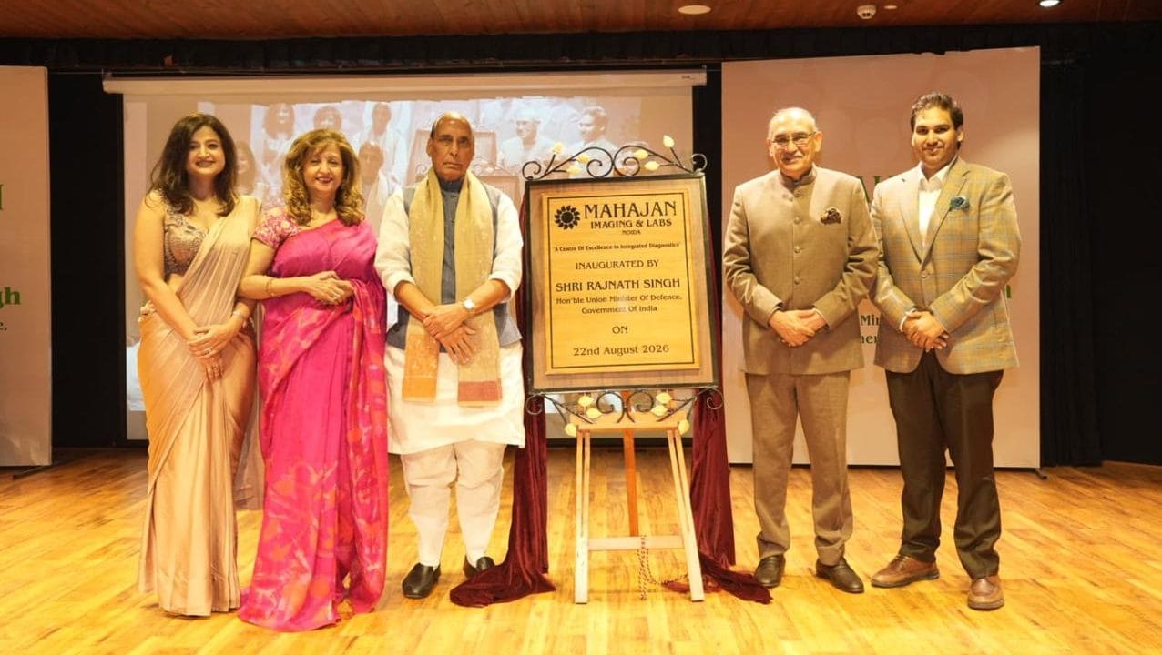 Defence Minister Rajnath Singh with Dr Harsh Mahajan, Founder & Chairman, Mahajan Imaging & Labs Ritu Mahajan, Co-Founder and Executive Director, Mahajan Imaging & Labs. | By special arrangement