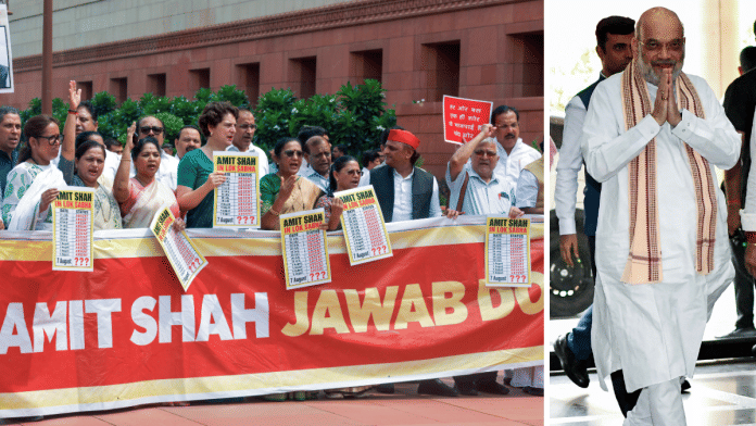 Congress MP Priyanka Gandhi and other opposition MPs protest in Parliament premises against Union Home Minister Amit Shah (right) over police crackdown on protesters during 20 July CJP-led march to Parliament, on Monday | ANI file photos