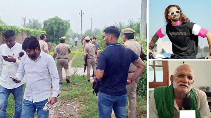 Clockwise from left: Security personnel and local police at the spot where two 'shooters' allegedly involved in the murder of Haryanvi singer and actor Ankit Baliyan were shot dead in an encounter, in Shamli on Monday; file photo of Ankit, and his father Satbir Baliyan | ANI