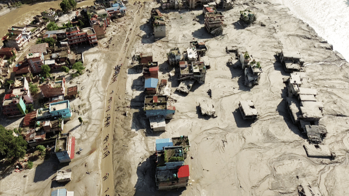 A drone view of the devastation in Devighat area following a mud-laden flash flood caused by an outburst in the Bhotekoshi River, in Nuwakot on Thursday | ANI