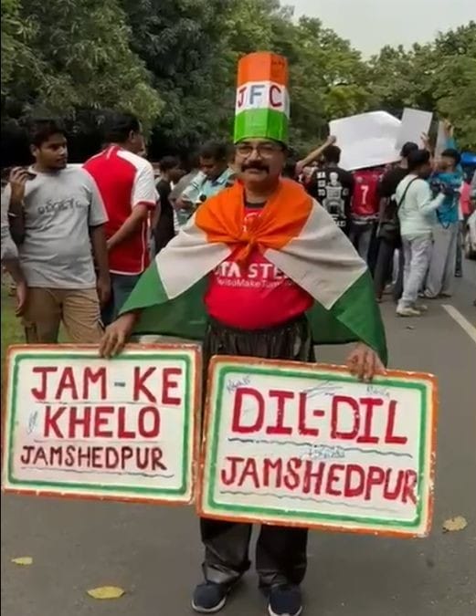 Protesters carry various placards, some calling for Tata Steel to save Indian football | By special arrangement