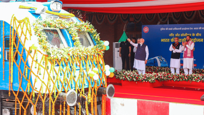 File photo of Prime Minister Narendra Modi launching India's 1st Hydrogen Train between Jind and Sonipat, in Jind in July | @NayabSainiBJP/ANI