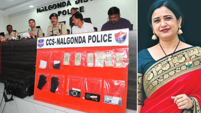 Police brief the media about the murder of Nalgonda school principal Kallu Rupa Reddy (right). Some of the articles used in committing the crime are exhibited at the press event | By Special Arrangement