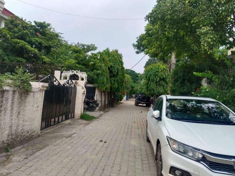 सैनिक फार्म में पेड़ों से घिरी एक शांत गली, जिसके दोनों तरफ बड़े-बड़े घर हैं. अमीरी के पीछे सार्वजनिक सुविधाओं की भारी कमी छिपी हुई है | फोटो: अलमिना खातून/दिप्रिंट