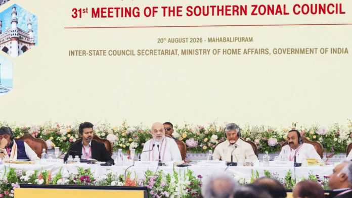 Tamil Nadu Chief Minister C. Joseph Vijay seated next to Union Home Minister Amit Shah at the 31st Southern Regional Council Meeting at Mahabalipuram on Thursday | @AmitShah X/ANI