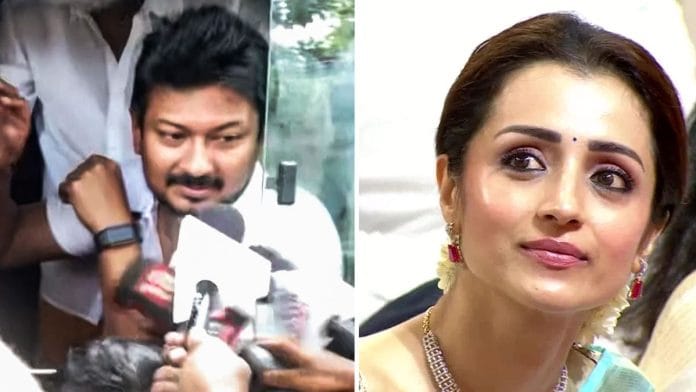 DMK leader Udhayanidhi Stalin interacts with the media after being detained by police in Chennai; (right) file image of actor Trisha | ANI