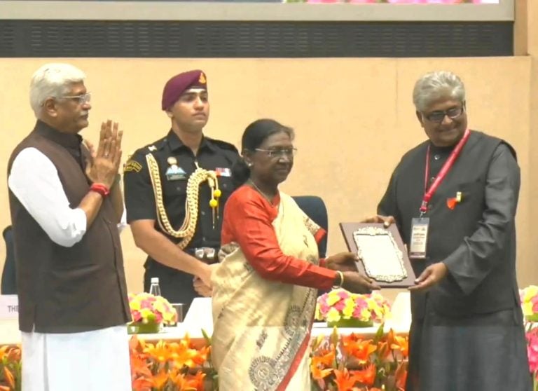 Illuminating the stage with brilliance, ‘Magician of Light’ Dinesh Kumar Poddar receives the Sangeet Natak Akademi Award from the President of India