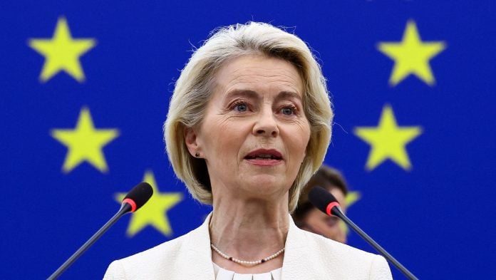 European Commission President Ursula von der Leyen speaks during her State of the European Union address (SOTEU) to the European Parliament, in Strasbourg, France. | Yves Herman/Reuters