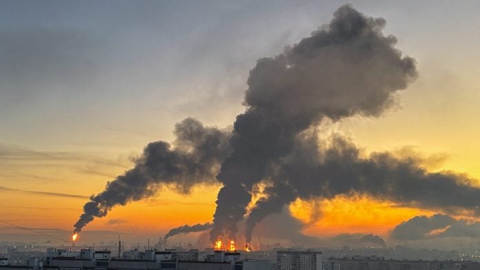 Plumes of smoke rise from fires (centre) at an oil refinery following what the authorities say is a Ukrainian drone strike in the course of the Russia-Ukraine conflict, in Moscow, Russia, September, 20, 2026. | REUTERS/Stringer