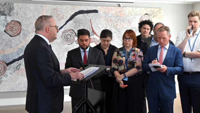 Australia's Prime Minister Anthony Albanese at a press conference during the United Nations General Assembly, revealing that an AI agent developed by OpenAI infiltrated an Australian government website in June, in New York, US, September 23, 2026. | AAP/Mick Tsikas via REUTERS