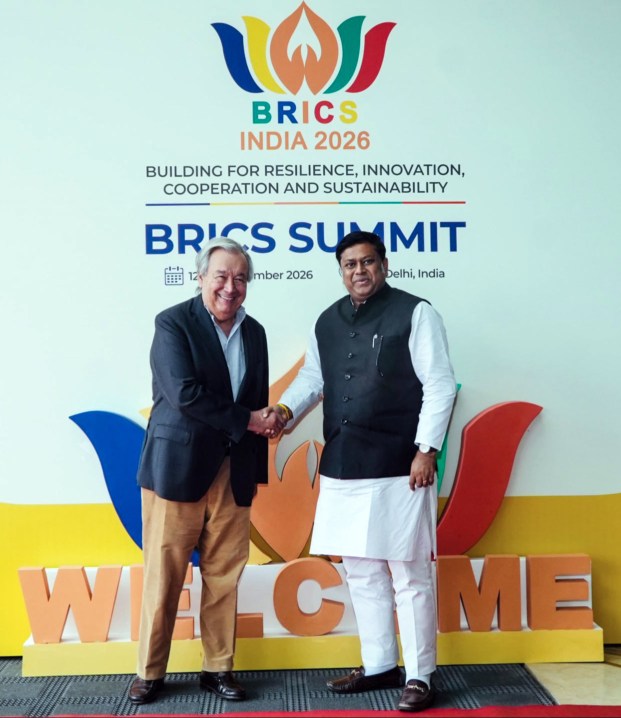 Guterres being welcomed by MoS Majumdar | @MEAIndia/ANI Photo