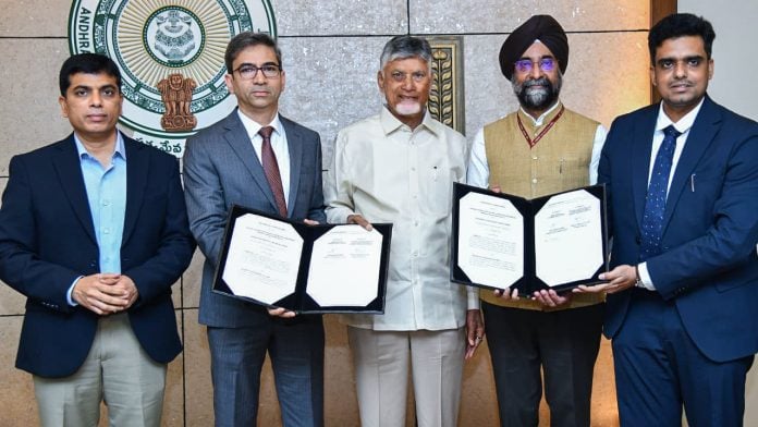 Andhra Pradesh Chief Minister N. Chandrababu Naidu witnesses the signing of an MoU between the Andhra Pradesh government and Mazagon Dock Shipbuilders Ltd (MDL) to develop greenfield shipyard at Dugarajapatnam, in Tirupati on Friday. (@AndhraPradeshCM X/ANI Photo)
