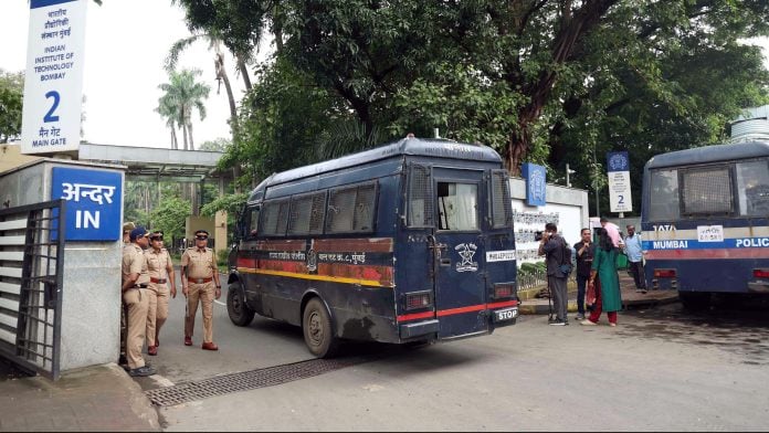 Representational Image | Police personnel stand guard outside the Indian Institute of Technology (IIT) Bombay Main Gate as students stage a protest following the tragic death of a 22-year-old student, in Mumbai on Saturday. Photo: ANI