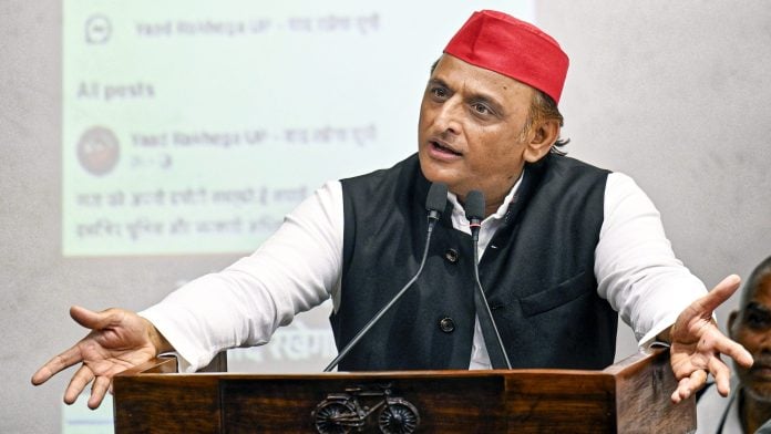 Samajwadi Party national president Akhilesh Yadav addresses a press conference at the party office, in Lucknow on Sunday.