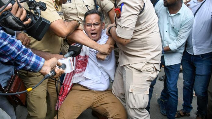 Guwahati, Sep 25 (ANI): Police personnel detain Assam Congress President Gaurav Gogoi during a protest demanding immediate arrest and removal of the Chief Election Commissioner of India, Gyanesh Kumar, at Rajiv Bhawan, in Guwahati on Friday. (ANI Photo)