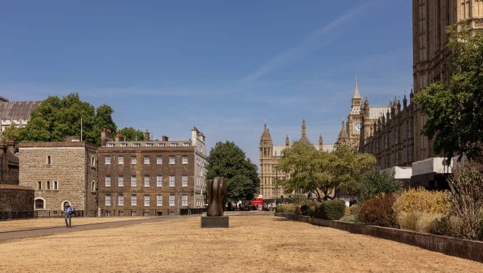 Parched grass beside the Houses of Parliament in central London on Aug. 14. | Bloomberg