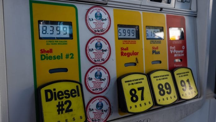 Unleaded gasoline and diesel fuel prices on a fuel pump at a Shell gas station in San Jose, California, US. | Bloomberg