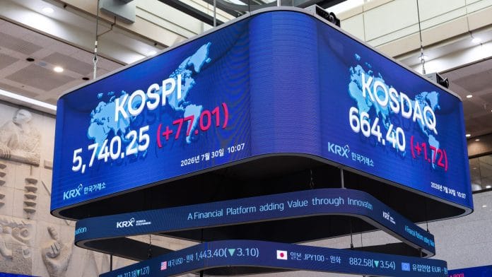The Korea Composite Stock Price Index (Kospi) and the Korean Securities Dealers Automated Quotations (Kosdaq) displayed at the Korea Exchange (KRX) in Seoul, South Korea, on Thursday, July 30, 2026. South Korean stocks swung to a gain after Samsung Electronics Co. reported better-than-expected earnings and the government announced additional measures to curb demand for leveraged exchange-traded funds.| SeongJoon Cho/Bloomberg