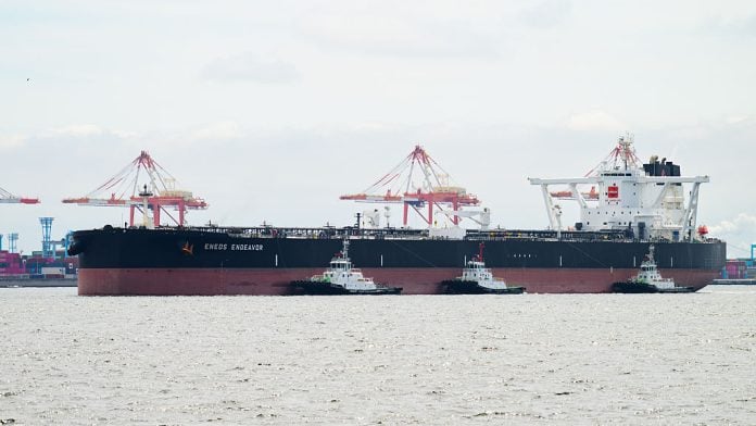 The Eneos Endeavor supertanker approaches the Eneos Corp. Negishi oil refinery in the Keihin industrial area in Yokohama, Japan, on Saturday, June 6, 2026. The supertanker made a rare, dark transit through the Strait of Hormuz in May. | Bloomberg