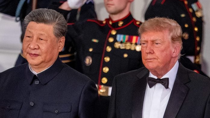 Xi Jinping and Donald Trump during an arrival ceremony at the North Portico of the White House ahead of a state dinner in Washington, DC. Photographer: Daniel Heuer/Bloomberg