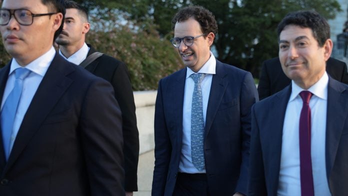 Anthropic CEO Dario Amodei, center, leaves the US Capitol in Washington, DC on Sept. 28. Photographer: Chip Somodevilla/Getty Images North America | Bloomberg