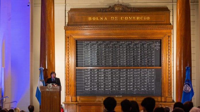 Javier Milei speaks at the Buenos Aires Stock Exchange in July. Photographer: Tomas Cuesta/Bloomberg