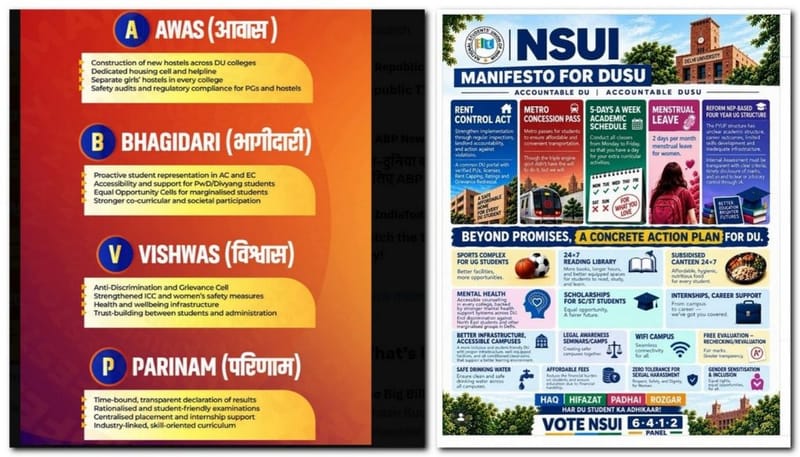 बाएं: ABVP के घोषणापत्र में नया नामकरण, जिसमें ‘A’ का मतलब Awas है; दाएं: NSUI का घोषणापत्र, जिसमें छात्र आवास के मुद्दे को सबसे ऊपर रखा गया है