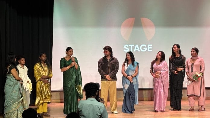 Transgender rights activist Ramkali, producer-writer Archana Sharma and actor-writer Ashish Sharma with members of the transgender community after the screening of 'Khejdi' | Vitasta Kaul | ThePrint