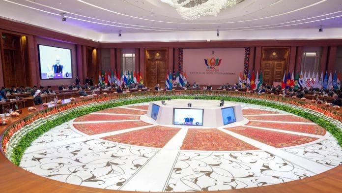 PM Narendra Modi, along with Chinese President Xi Jinping, Russian President Vladimir Putin and other world leaders, at a BRICS roundtable at the 18th BRICS Summit at Bharat Mandapam, in New Delhi on 12 September, 2026 | DPR PMO/ANI