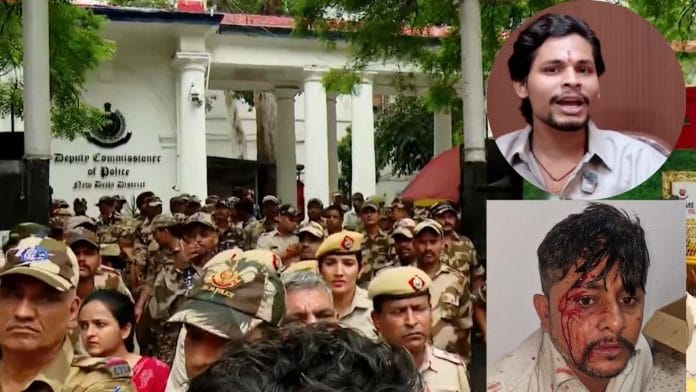 Protest outside Parliament Street police station on 4 September, 2026 / Swatantra Bhardwaj (above inset) and Sanjay Azad after his injury (below inset) | By special arrangement