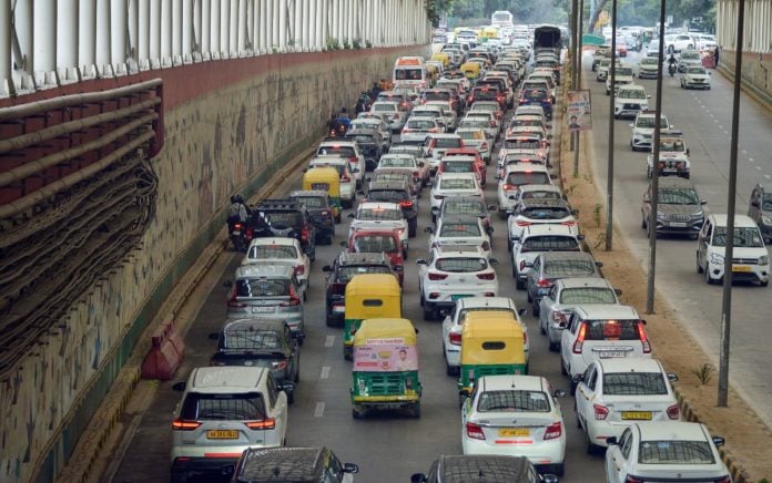 Representational | A traffic jam near Bharat Mandapam during in New Delhi on 18 February, 2026 | ANI