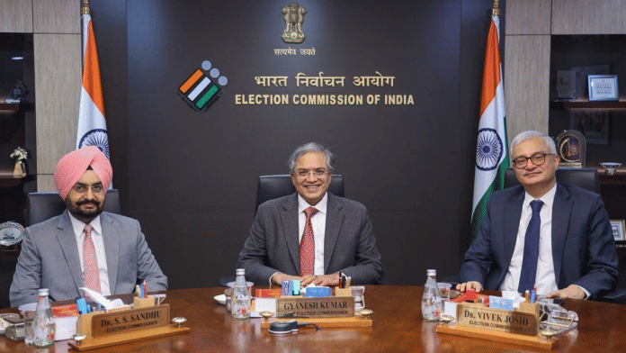 Chief Election Commissioner Gyanesh Kumar, along with Election Commissioners Vivek Joshi and Sukhbir Singh Sandhu, at the ECI office | @ECISVEEP/ANI file photo