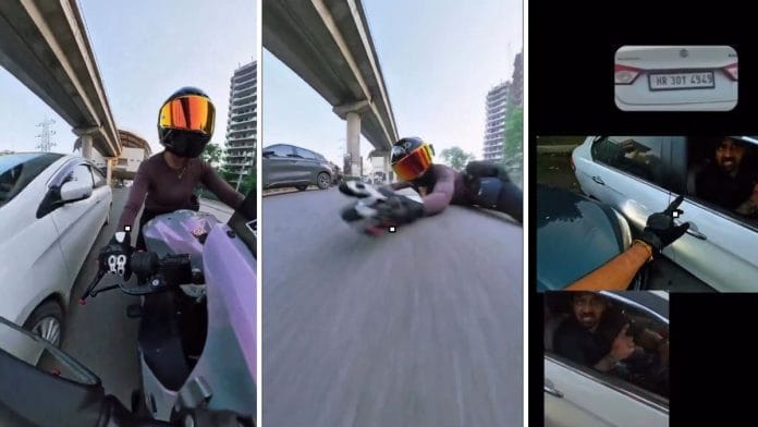 The 'drunk' driver hit the woman biker and sped away. He was confronted later at a traffic stop. Image: screengrab from video: GreaterNoidaW/X