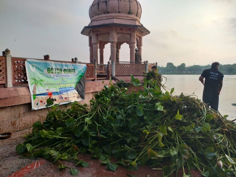 गोमती से निकाली गई जलकुंभी का ढेर, जिसमें प्लास्टिक और दूसरे तरह का कचरा फंसा हुआ है | फोटो: हर्ष तिवारी/दिप्रिंट