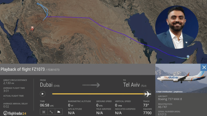 Indian pilot Smit Machhchar fought off co-pilot who stabbed him and landed the Dubai-Israel flight safely in Saudi Arabia | Source: X/Flightradar24