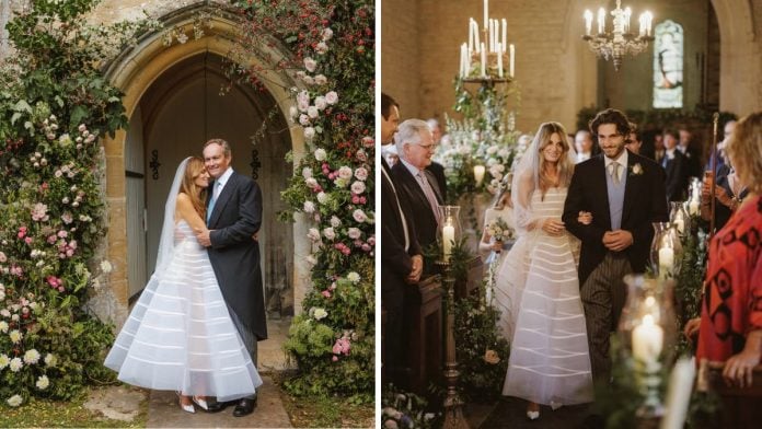 (L) Jemima Goldsmith on her wedding day with Cameron O'Reilly. (R) Her son walking her down the aisle. Images: @khanjemima/Instagram