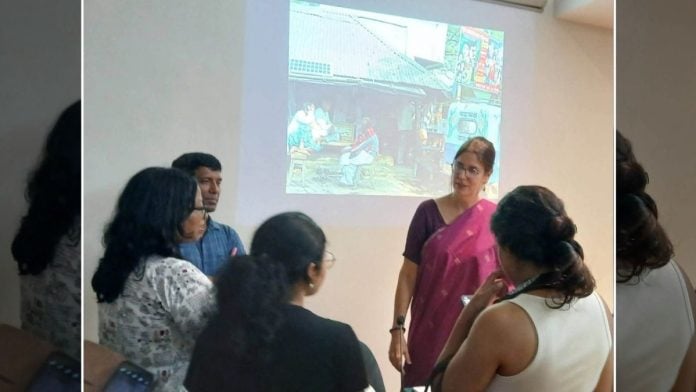 Environmental anthropologist Annu Jalais addresses visitors in Kolkata’s Jadunath Bhavan Museum and Research Centre | Deep Halder, ThePrint