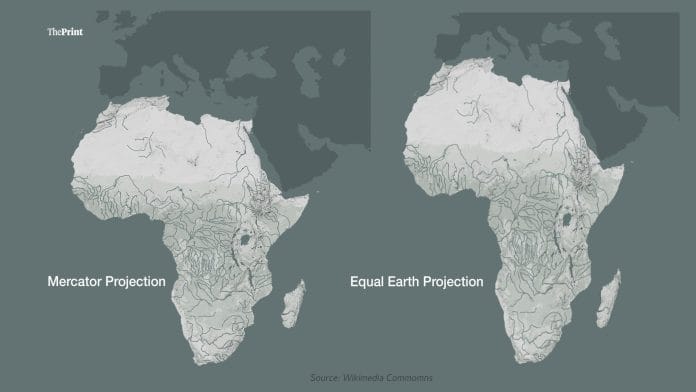 Africa as seen on the world map based on the Mercator projection (left) and its presentation on the 2018 Equal Earth map (right) | Credit: ThePrint graphics, Wiki Commons