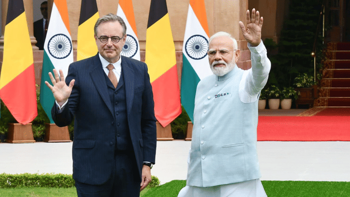 Prime Minister Narendra Modi and Prime Minister of Belgium Bart De Wever at Hyderabad House, in New Delhi on Thursday | Source: @narendramodi X/ANI