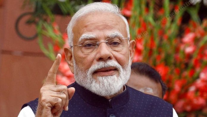 File photo of Prime Minister Narendra Modi addressing the press outside Parliament on 23 July, 2026 | Praveen Jain/ThePrint