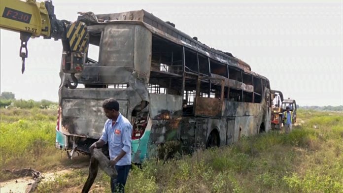 The charred sleeper bus after it caught fire on Yamuna Expressway in Greater Noida, on 25 September, 2026 | ANI