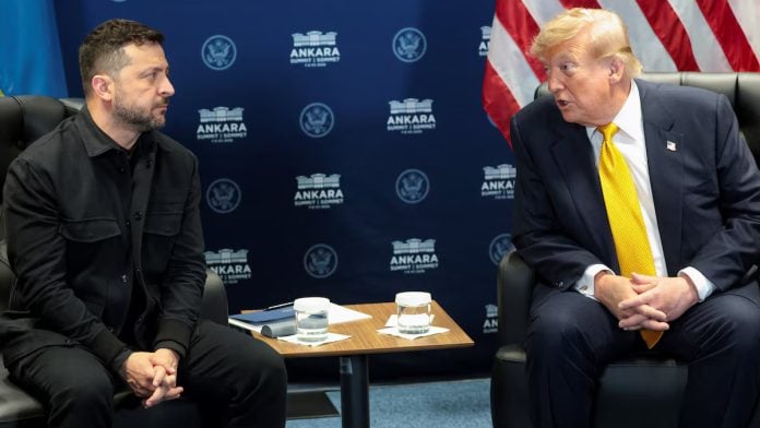 U.S. President Donald Trump holds a bilateral meeting with Ukrainian President Volodymyr Zelenskiy alongside the NATO leaders summit at the Bestepe Presidential Compound in Ankara, Turkey, July 8, 2026. REUTERS/Jonathan Ernst/ File Photo Purchase Licensing Rights