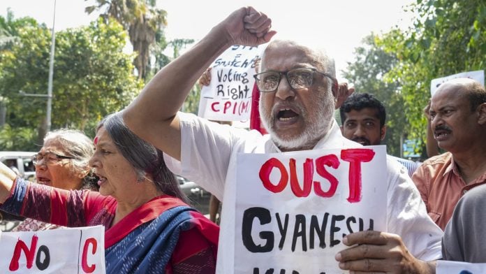 CPI(M) leaders MA Baby, Brinda Karat and others stage a protest against Chief Election Commissioner (CEC) Gyanesh Kumar, demanding his removal and halt on Special Intensive Revision (SIR) of electoral rolls, in New Delhi, PTI Photo/Salman Ali)