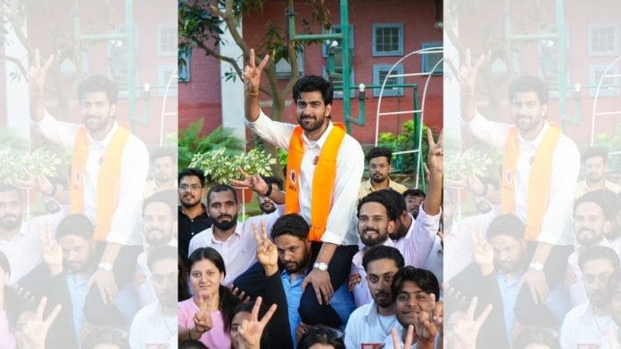 ABVP’s presidential candidate Ankit Bidhan celebrating his victory on 31 August, 2026 | X @ABVPVoice