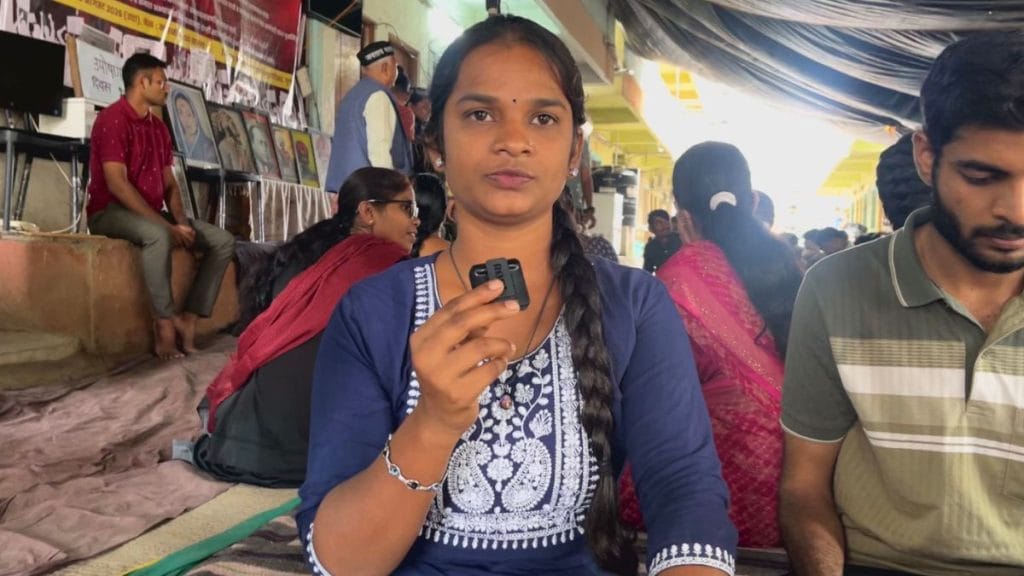 Suchitra Pagi, who shared the stage with Rahul Gandhi during Chhatron ki Goonj on 22 August, in conversation with ThePrint on Day 15 of the tribal students’ protest in Pune. Kasturi Walimbe | ThePrint