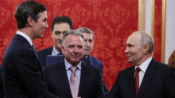 Russian President Vladimir Putin shakes hands with Jared Kushner, U.S. President Donald Trump's son-in-law, as U.S. Special Envoy Steve Witkoff stands nearby during a meeting at the Kremlin in Moscow, Russia, September 5, 2026. Sputnik/Mikhail Metzel/Pool via REUTERS