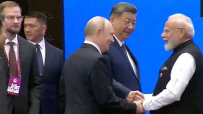 Russian President Vladimir Putin, Chinese President Xi Jinping and PM Narendra Modi at the 26th Shanghai Cooperation Organisation (SCO) Summit in Bishkek, Kyrgyzstan | Photo: ANI screengrab
