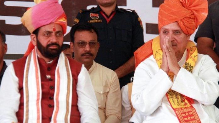 File photo of Haryana CM Nayab Singh Saini (L) and Union MoS Rao Inderjit Singh (R) latter's nomination filing rally in Gurugram on 29 April, 2024 | ANI